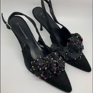 Black suede pointed heel with adjustable strap